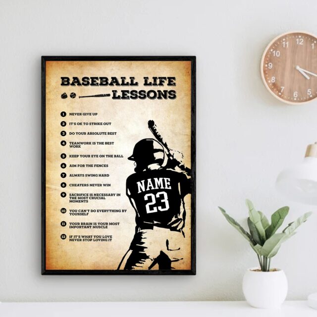 Personalized Baseball Life Lessons Poster – Custom Name & Number Baseball Lover Tee