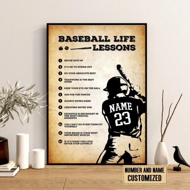 Personalized Baseball Life Lessons Poster – Custom Name & Number Baseball Lover Tee