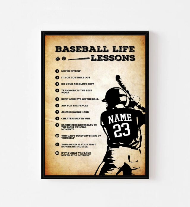Personalized Baseball Life Lessons Poster – Custom Name & Number Baseball Lover Tee
