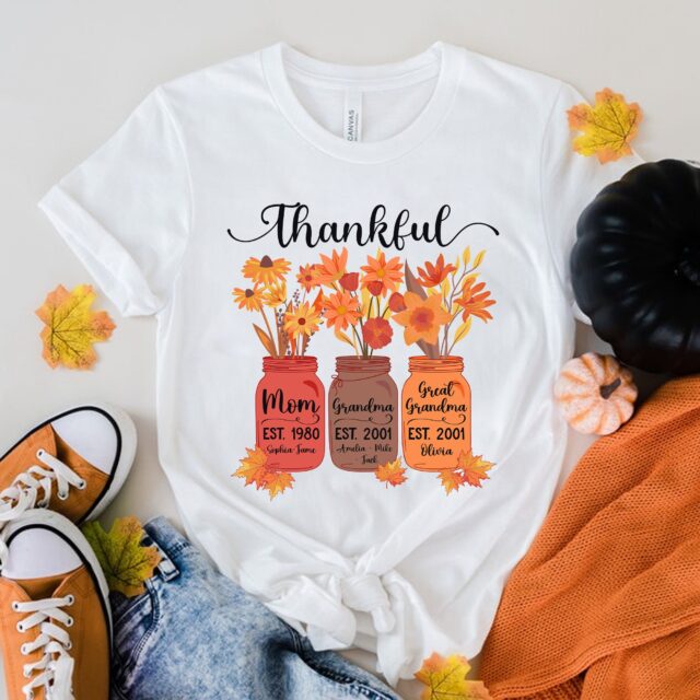 Personalized Thankful Mom, Grandma, Great Grandma Shirt – Fall Shirt with Grandkid Names