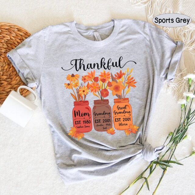 Personalized Thankful Mom, Grandma, Great Grandma Shirt – Fall Shirt with Grandkid Names