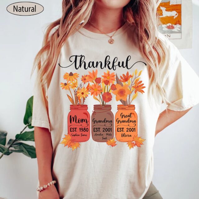 Personalized Thankful Mom, Grandma, Great Grandma Shirt – Fall Shirt with Grandkid Names