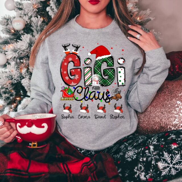 Personalized Nana Claus Sweatshirt with Grandkids Names – Christmas Gift for Gigi, Mimi