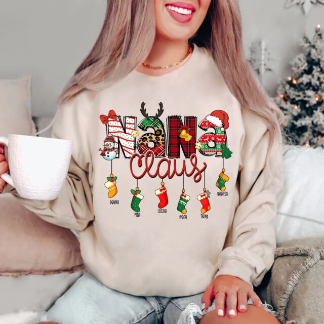 Custom Mimi Claus Shirt with Grandkids Names – Christmas Sweatshirt for Nana, Gigi