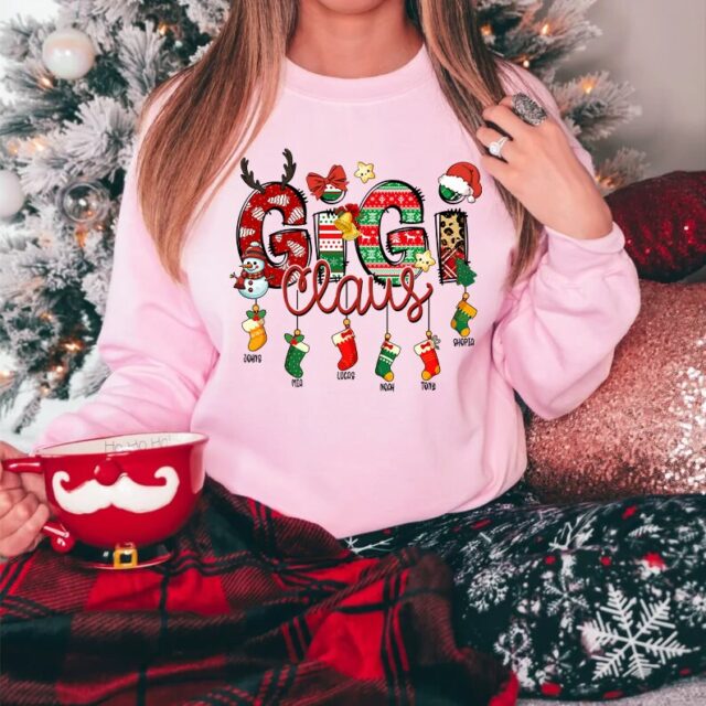 Custom Mimi Claus Shirt with Grandkids Names – Christmas Sweatshirt for Nana, Gigi