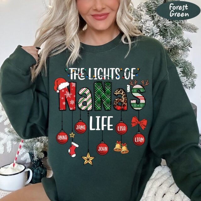 The Lights of Nana’s Life Christmas Shirt with Kids Names – Personalized Mimi, Gigi, Nana Shirt