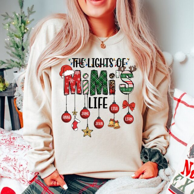 The Lights of Nana’s Life Christmas Shirt with Kids Names – Personalized Mimi, Gigi, Nana Shirt