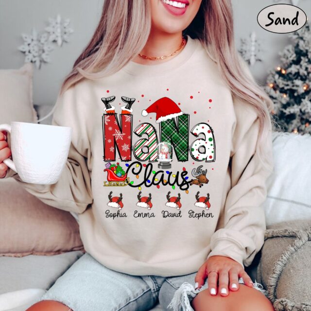 Personalized Nana Claus Sweatshirt with Grandkids Names – Christmas Gift for Gigi, Mimi