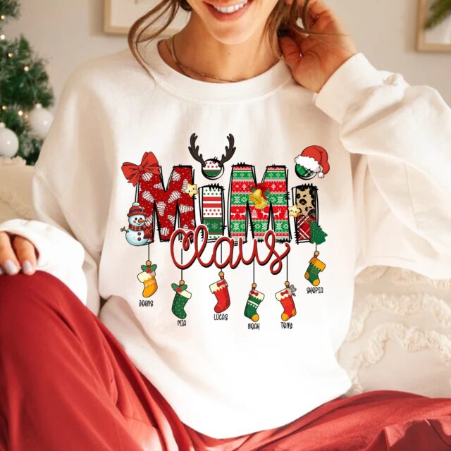 Custom Mimi Claus Shirt with Grandkids Names – Christmas Sweatshirt for Nana, Gigi