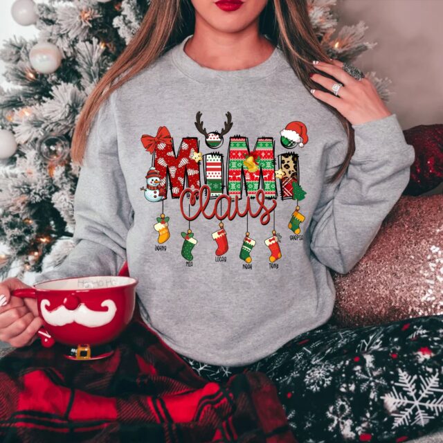 Custom Mimi Claus Shirt with Grandkids Names – Christmas Sweatshirt for Nana, Gigi