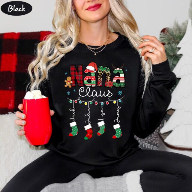 Custom Christmas Nana Claus Shirt – Grandkids Name Gift