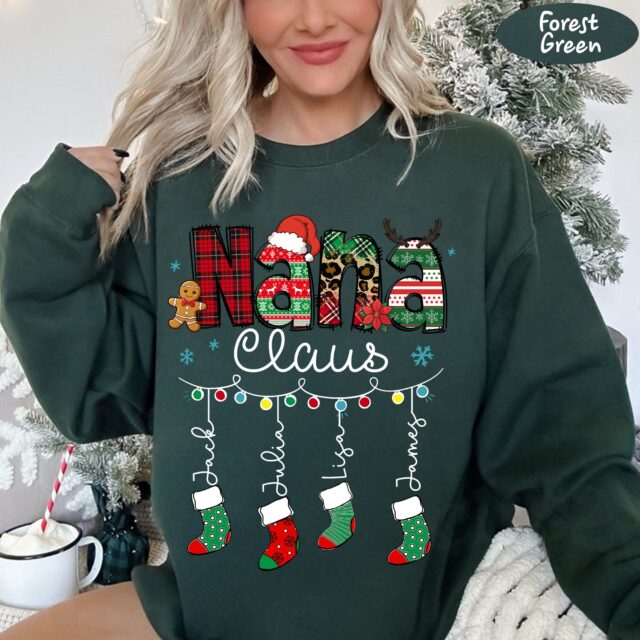 Custom Christmas Nana Claus Shirt – Grandkids Name Gift