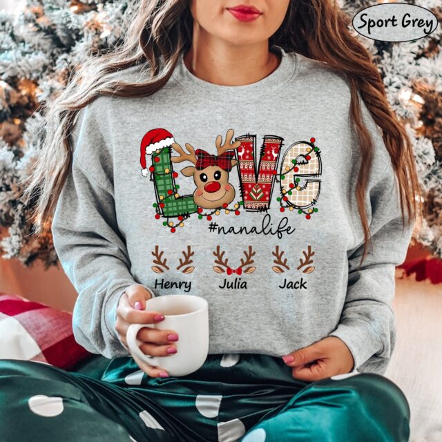 Personalized Christmas Reindeer Grandma Shirt – Custom Kid Names 2023