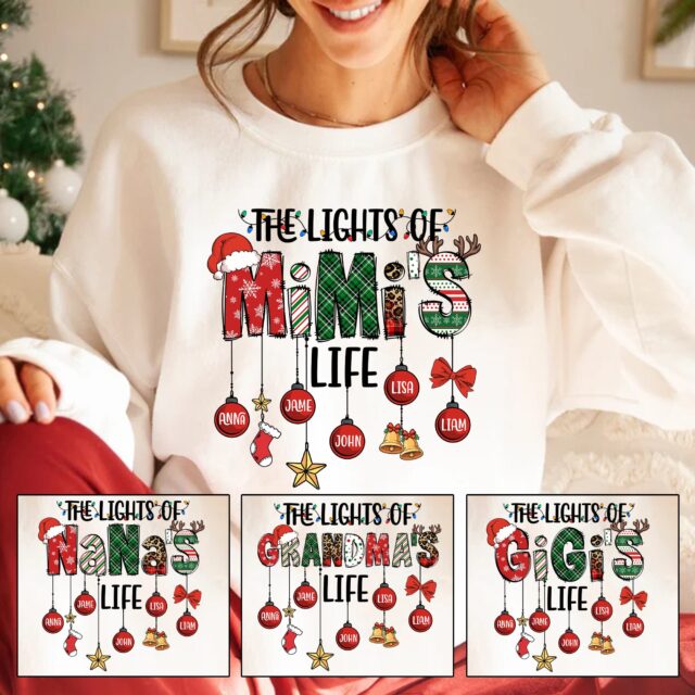 The Lights of Nana’s Life Christmas Shirt with Kids Names – Personalized Mimi, Gigi, Nana Shirt