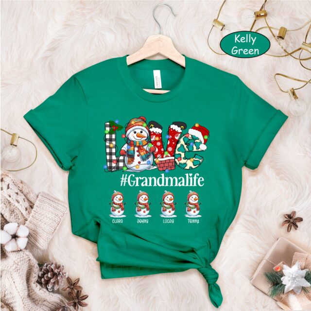 Personalized Snowman Grandma Shirt – Custom Kid Names for Christmas