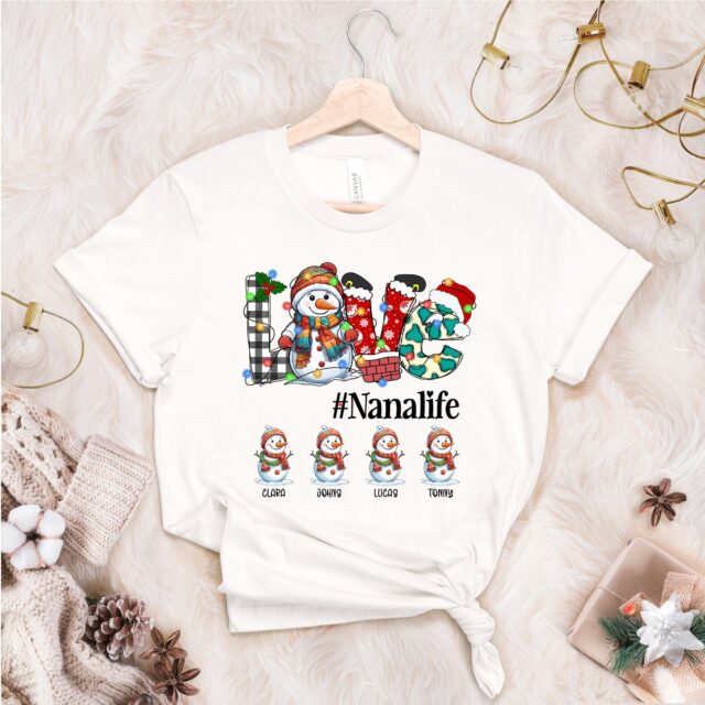 Personalized Snowman Grandma Shirt – Custom Kid Names for Christmas