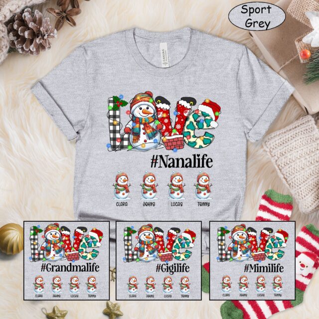 Personalized Snowman Grandma Shirt – Custom Kid Names for Christmas