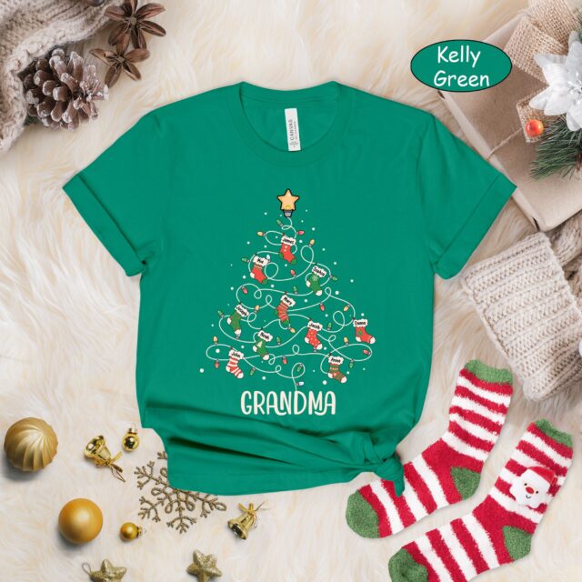 Personalized Grandma Christmas Tree Shirt with Kids Names – Xmas Stocking Gift for Nana, Mimi