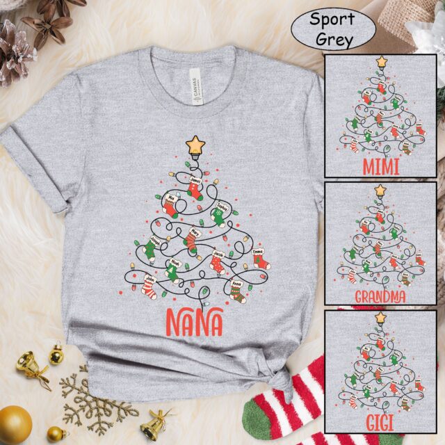 Personalized Grandma Christmas Tree Shirt with Kids Names – Xmas Stocking Gift for Nana, Mimi