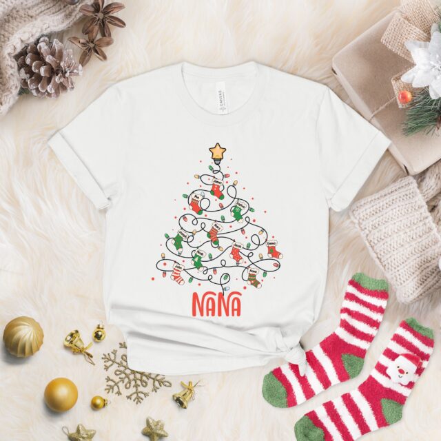 Personalized Grandma Christmas Tree Shirt with Kids Names – Xmas Stocking Gift for Nana, Mimi