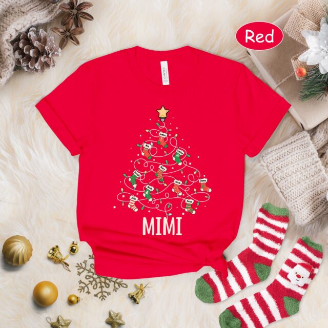 Personalized Grandma Christmas Tree Shirt with Kids Names – Xmas Stocking Gift for Nana, Mimi