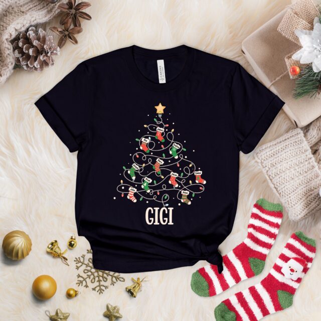 Personalized Grandma Christmas Tree Shirt with Kids Names – Xmas Stocking Gift for Nana, Mimi