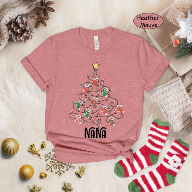 Personalized Grandma Christmas Tree Shirt with Kids Names – Xmas Stocking Gift for Nana, Mimi