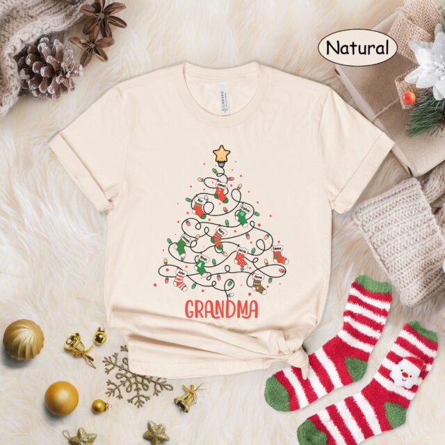 Personalized Grandma Christmas Tree Shirt with Kids Names – Xmas Stocking Gift for Nana, Mimi