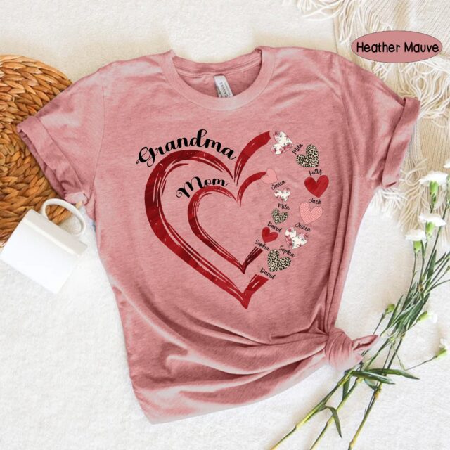 First Mom Now Grandma Heart Shirt with Kids and Grandkids Names