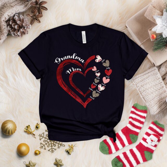 First Mom Now Grandma Heart Shirt with Kids and Grandkids Names
