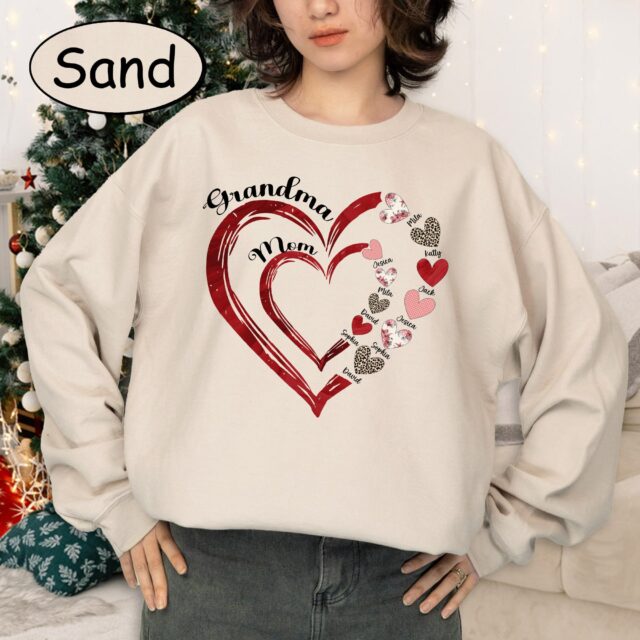 First Mom Now Grandma Heart Shirt with Kids and Grandkids Names