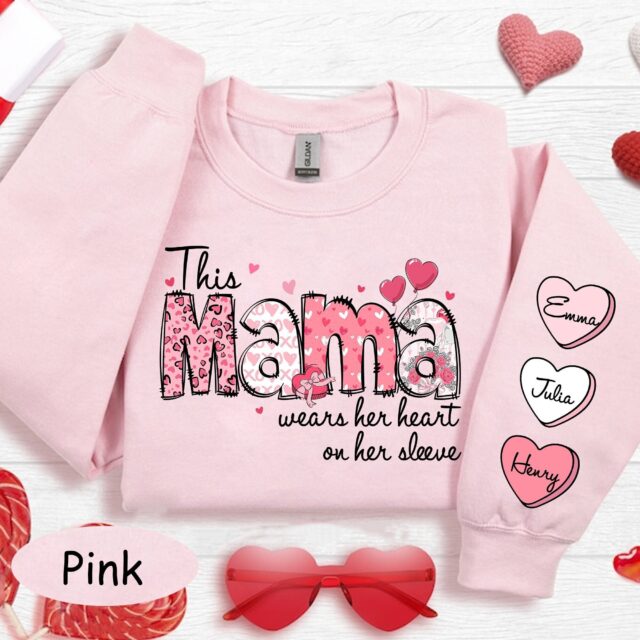 Custom Mama Sweatshirt – “This Mama Wears Her Heart On Her Sleeve” with Grandkids’ Names