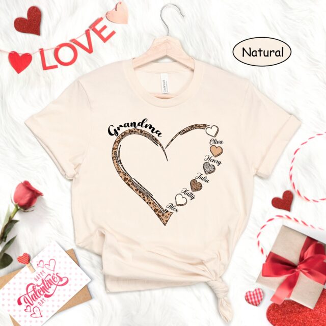 Personalized Leopard Grandma Shirt with Kidnames – Custom Grandma Heart Shirt for Nana, Gigi, Mimi