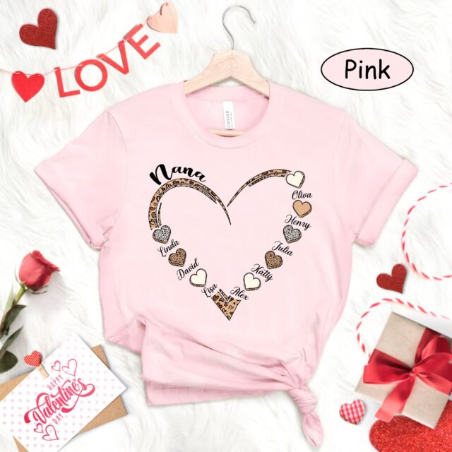 Personalized Leopard Grandma Shirt with Kidnames – Custom Grandma Heart Shirt for Nana, Gigi, Mimi