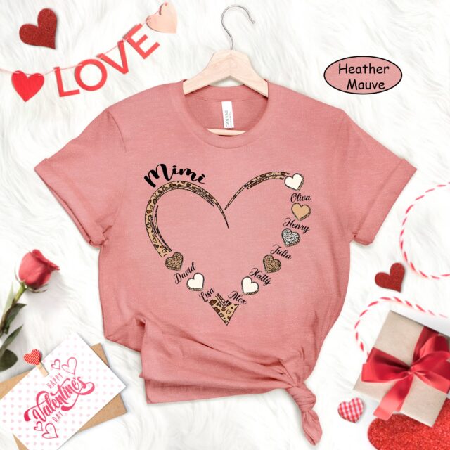Personalized Leopard Grandma Shirt with Kidnames – Custom Grandma Heart Shirt for Nana, Gigi, Mimi