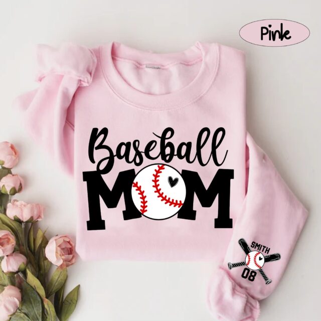 Custom Baseball Mom Sweatshirt – Personalized Mama Tee with Kids’ Names on Sleeve