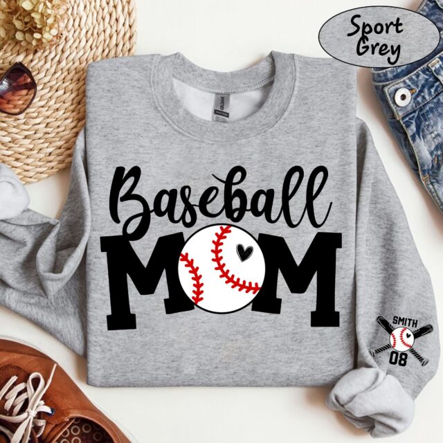 Custom Baseball Mom Sweatshirt – Personalized Mama Tee with Kids’ Names on Sleeve