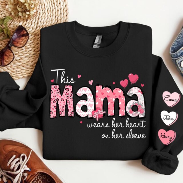 Custom Mama Sweatshirt – “This Mama Wears Her Heart On Her Sleeve” with Grandkids’ Names