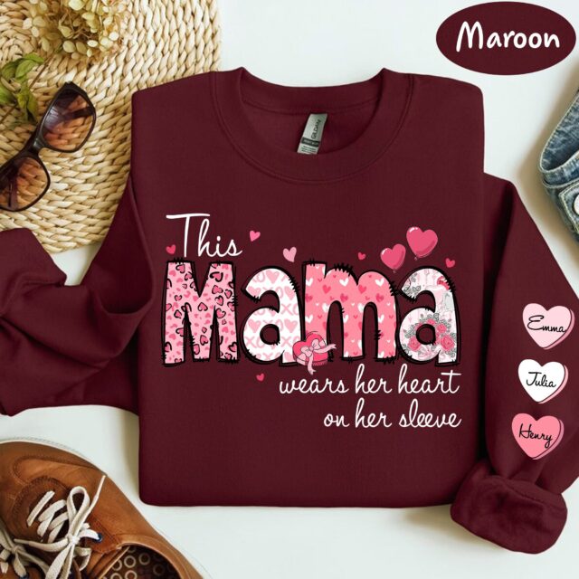Custom Mama Sweatshirt – “This Mama Wears Her Heart On Her Sleeve” with Grandkids’ Names