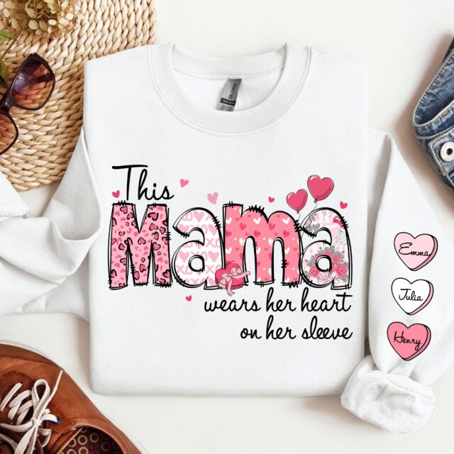 Custom Mama Sweatshirt – “This Mama Wears Her Heart On Her Sleeve” with Grandkids’ Names
