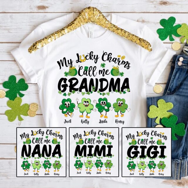 “My Lucky Charms Call Me Grandma” Shirt – Custom St. Patrick’s Day Gift with Grandkids’ Names