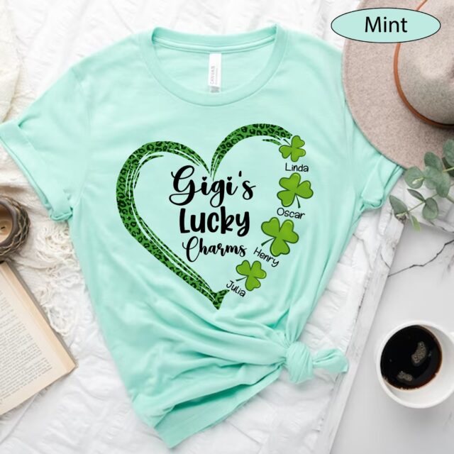 Grandma’s Lucky Charms Shirt – Custom Heart St. Patrick’s Day with Grandkids’ Names