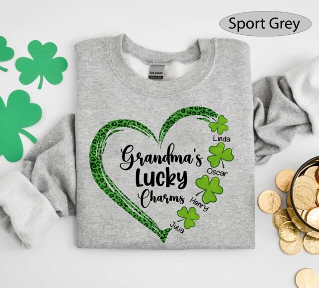 Grandma’s Lucky Charms Shirt – Custom Heart St. Patrick’s Day with Grandkids’ Names