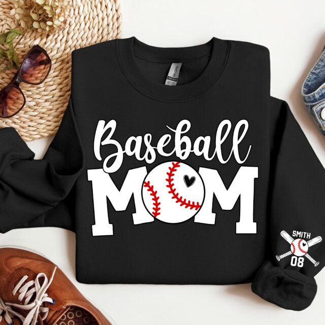 Custom Baseball Mom Sweatshirt – Personalized Mama Tee with Kids’ Names on Sleeve