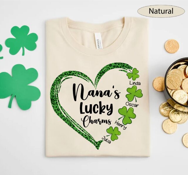 Grandma’s Lucky Charms Shirt – Custom Heart St. Patrick’s Day with Grandkids’ Names