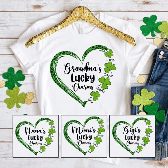 Grandma’s Lucky Charms Shirt – Custom Heart St. Patrick’s Day with Grandkids’ Names