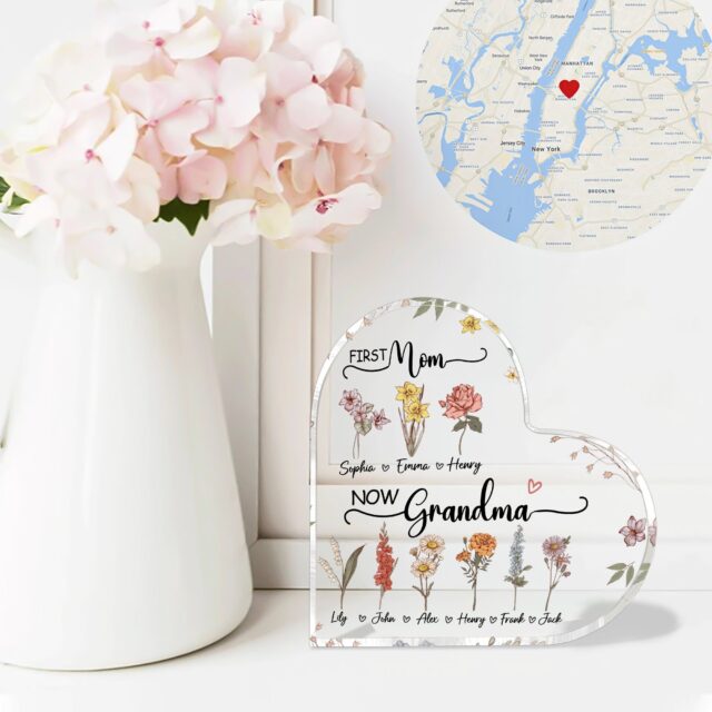 Personalized Grandma Acrylic Plaque – First Mom Now Grandma with Birth Month Flower Gift