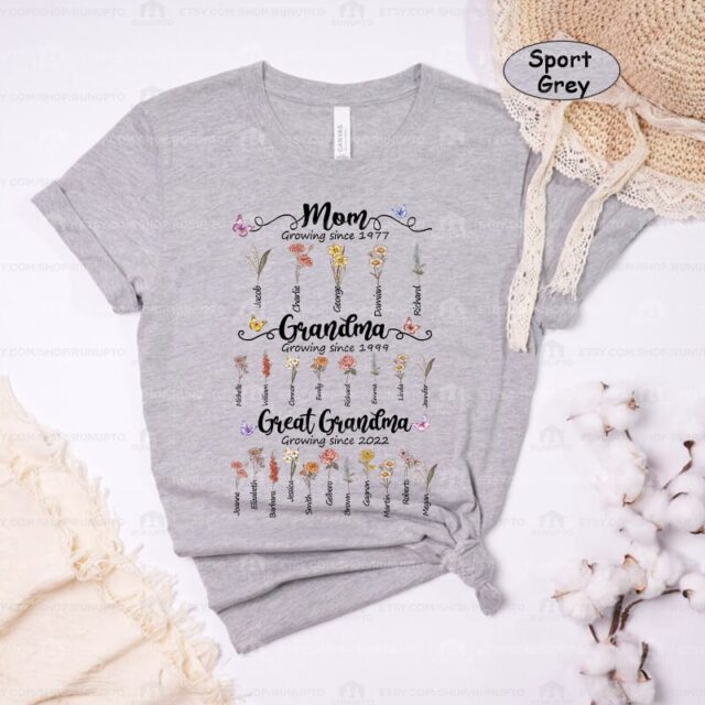 Personalized Great Grandma Shirt – Birth Month Flowers & Grandchild Names