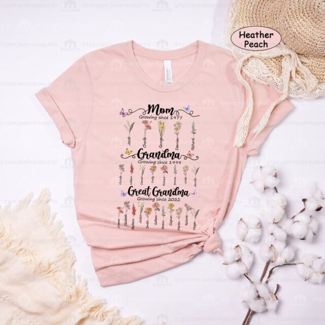 Personalized Great Grandma Shirt – Birth Month Flowers & Grandchild Names
