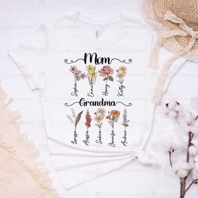 First Mom Now Grandma Shirt – Custom Birth Month Flower Gift